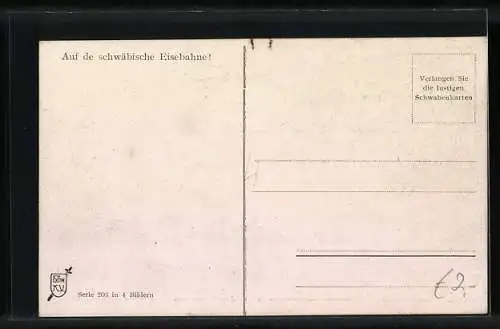 Künstler-AK Hans Boettcher: Auf de schwäbische Eisebahne, Stuttgarter Bahnhof