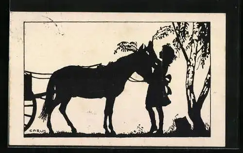 Künstler-AK Carus: Mädchen zieht das Zaumzeug ihres Pferdes fest