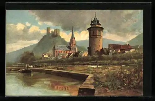 Künstler-AK Oberwesel, Ortsansicht und die Schönburg