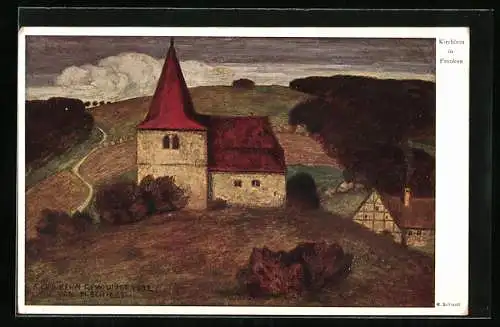 Künstler-AK Matthäus Schiestl: Kirchlein in Franken, Landidyll