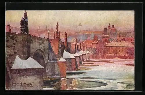 Künstler-AK Jaroslav Setelik: Prag, Karlsbrücke im Winter