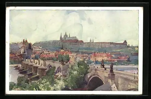 Künstler-AK Jaroslav Setelik: Praha / Prag, Panorama mit Schloss und Strand