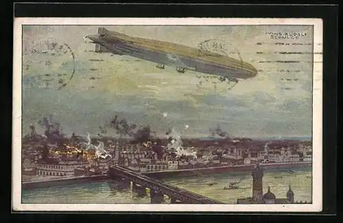 Künstler-AK Hans Rudolf Schulze: Warschau, Luftschiff Schütte-Lanz Warschau bombardierend, 1. Weltkrieg, Zeppelin