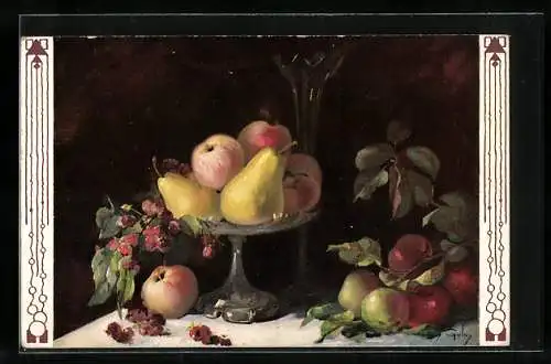 Künstler-AK Mary Golay: Stilleben mit Birnen und Äpfeln in einer Schale