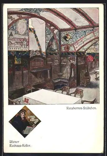 Künstler-AK Wien, Gasthaus Rathskeller, Rathsherren-Stübchen