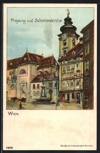 Lithographie Wien, Freyung mit Schottenkirche