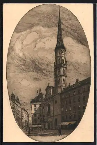 Künstler-AK Wien, Michaelerplatz mit Kirche