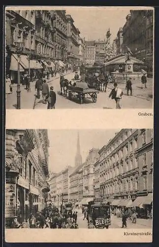 AK Wien, Kärntnerstrasse und Pferdebahn mit Odol-Werbung, Graben mit Brunnen