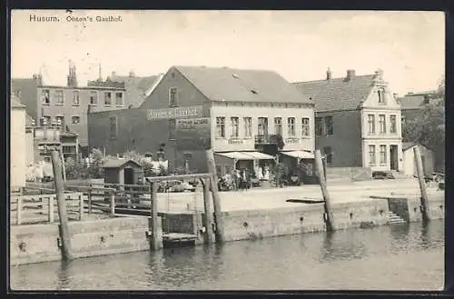 AK Husum / Nordsee, Obsens Gasthof mit Umgebung, vom Wasser gesehen