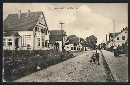 AK Bockhorn / Oldbg., Strassenpartie mit Villen, Schüler mit Fahrrad