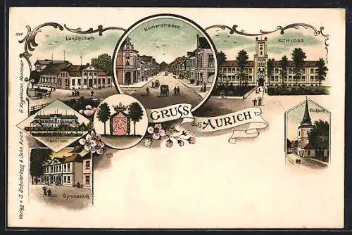 Lithographie Aurich / Ostfriesland, Norderstrasse, Landschaft, Seminar, Wappen