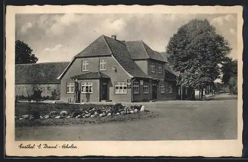 AK Scholen / Sulingen, Gasthof E. Brand mit Strasse und Tanksäule