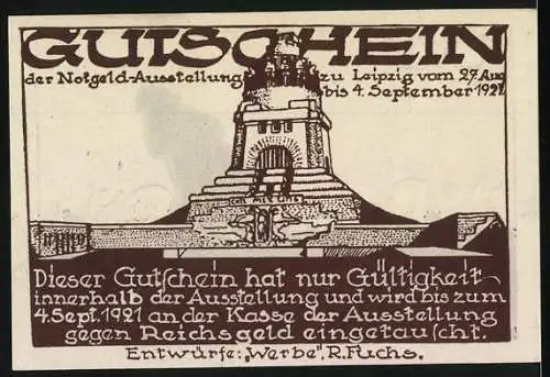 Notgeld Leipzig 1921, 50 Pfennig, Gutschein der Notgeld-Ausstellung mit Völkerschlachtdenkmal und Figur im Sturm