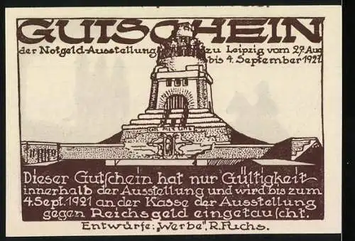 Notgeld Leipzig, 1921, 50 Pfennig, Gültig während der Notgeld-Ausstellung mit Völkerschlachtdenkmal