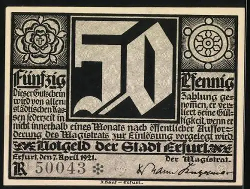 Notgeld Erfurt 1921, 50 Pfennig, Portrait eines Mannes mit Text und floralen Mustern