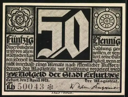 Notgeld Erfurt 1921, 50 Pfennig, Schwarz-Weiss-Druck mit gotischem Text und Illustration