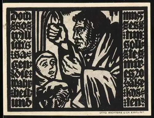 Notgeld Erfurt 1921, 50 Pfennig, Illustration von Mann und Kind, Seriennummer 50043, Text und Muster, Otto Richters & Co