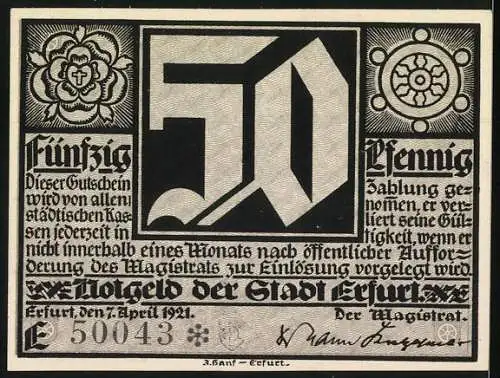 Notgeld Erfurt 1921, 50 Pfennig, Illustration von Mann und Kind, Seriennummer 50043, Text und Muster, Otto Richters & Co