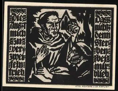 Notgeld Erfurt, 1921, 50 Pfennig, Illustration eines Mönchs und Skeletts, Text: Dies Amtsmacht zu Verzweifeln trieb