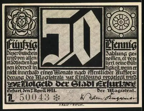 Notgeld Erfurt, 1921, 50 Pfennig, Schwarz-Weiss-Druck mit gotischer Schrift und zwei Figuren