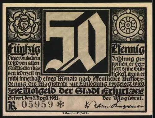 Notgeld Erfurt, 1921, 50 Pfennig, Holzschnitt mit Mann und Kind von Otto Richters u. Co. Erfurt