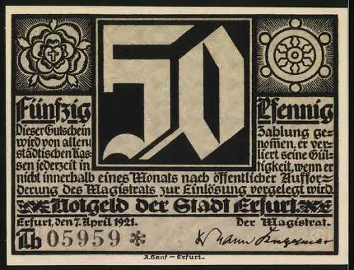 Notgeld Erfurt, 1921, 50 Pfennig, Künstlerische Darstellung mit Texten und Stadtwappen