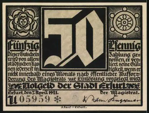 Notgeld Erfurt 1921, 50 Pfennig, Mönch und Skelett Szene, Seriennummer U 05959