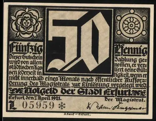 Notgeld Erfurt, 1921, 50 Pfennig, Stadtwappen und historische Szene