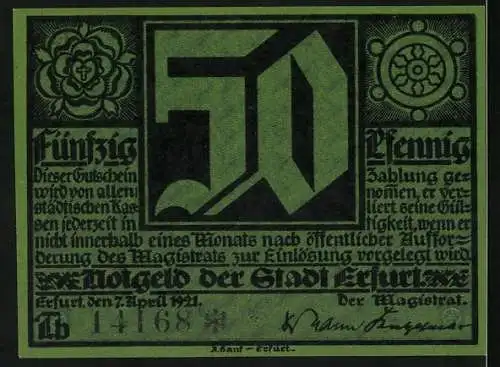 Notgeld Erfurt, 1921, 50 Pfennig, Das eine Licht gibt da wenn es, leucht wohl mitten in der Nacht