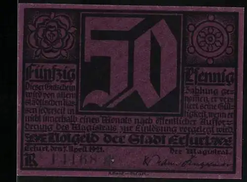 Notgeld Erfurt 1921, 50 Pfennig, Schriftzug und Porträt auf violettem Hintergrund