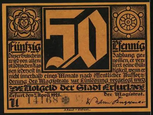 Notgeld Erfurt 1921, 50 Pfennig, Szenische Darstellung eines Mannes und Skeletts mit Schriftzügen