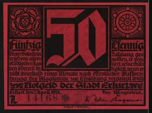 Notgeld Erfurt 1921, 50 Pfennig, Schwarz-Rot mit historischen Figuren und gotischen Schriftzügen