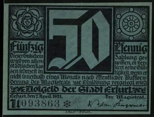 Notgeld Erfurt 1921, 50 Pfennig, Vorderseite mit Text und Rückseite mit künstlerischer Darstellung