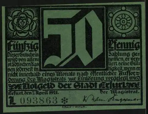 Notgeld Erfurt 1921, 50 Pfennig, Schwarz-Weiss-Druck mit gotischen Schriftzeichen und Stadtansicht