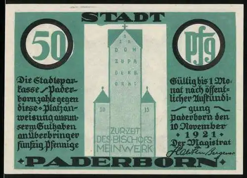 Notgeld Paderborn, 1921, 50 Pfennig, grüne Scheine mit Bischofsabbildung und Domillustration