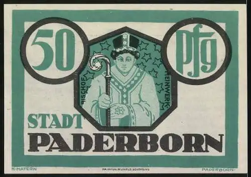 Notgeld Paderborn, 1921, 50 Pfennig, grüne Scheine mit Bischofsabbildung und Domillustration