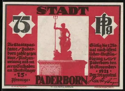 Notgeld Paderborn, 1921, 75 Pfennig, Statue mit Dreizack und Portrait eines Adligen