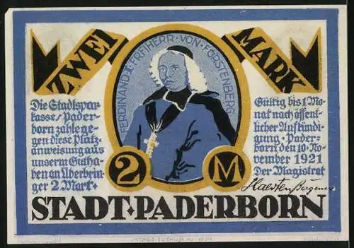 Notgeld Paderborn, 1921, 2 Mark, Gebäude und Ferdinand Freiherr von Fürstenberg Abbildungen