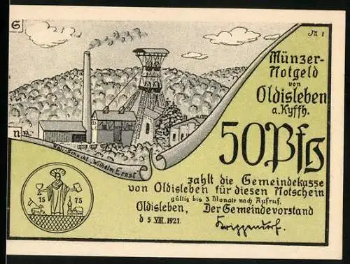 Notgeld Oldisleben 1921, 50 Pfennig, Bergwerksszene und Thomas Müntzer predigt zum Aufruhr