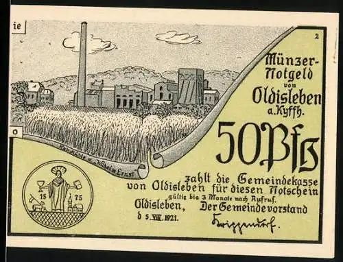 Notgeld Oldisleben 1921, 50 Pfennig, Münzer-Notgeld mit Stadtansicht und Bauernszene