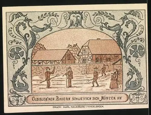 Notgeld Oldisleben 1921, 50 Pfennig, Münzer-Notgeld mit Stadtansicht und Bauernszene