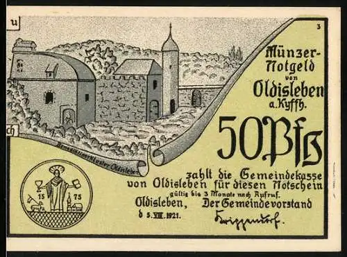 Notgeld Oldisleben 1921, 50 Pfennig, Abbildung einer Burg und Plünderung des Klosters