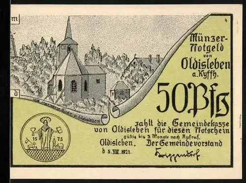 Notgeld Oldisleben 1921, 50 Pfennig, Kirche und Bauern mit Pferdewagen auf Weg