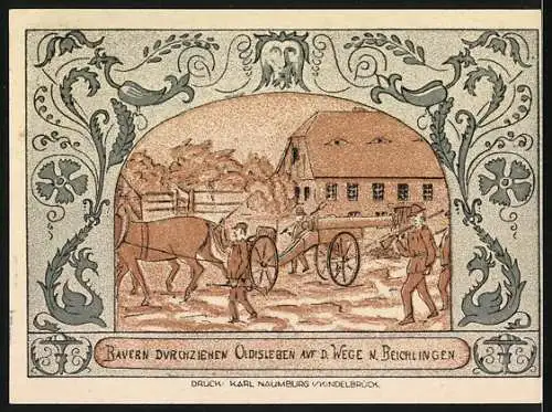 Notgeld Oldisleben 1921, 50 Pfennig, Kirche und Bauern mit Pferdewagen auf Weg