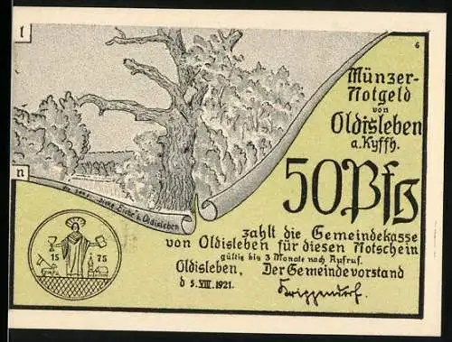 Notgeld Oldisleben, 1921, 50 Pfennig, Landschaft und fliehende Bauern in Frankenhausen