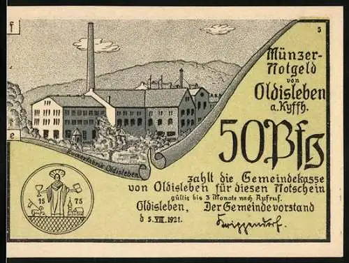 Notgeld Oldisleben 1921, 50 Pfennig, Münzernotgeld mit Fabrik und Transport zur Burg Heldrungen