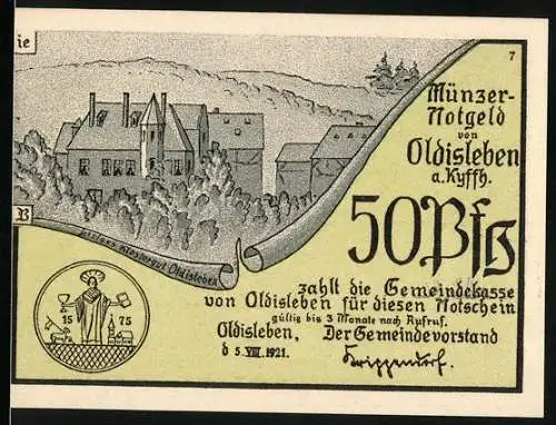 Notgeld Oldisleben 1921, 50 Pfennig, Münzernotgeld mit Gebäudedarstellung und Thomas Müncers Gefangennahme