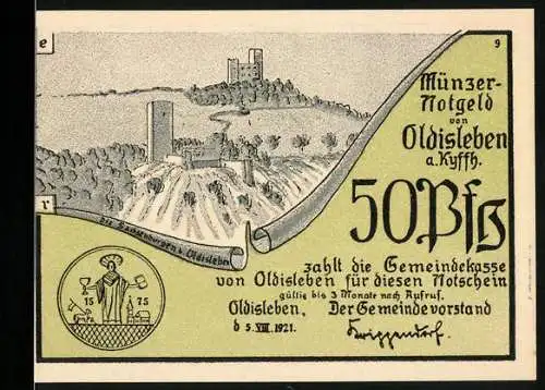 Notgeld Oldisleben 1921, 50 Pfennig, Münzernotgeld mit Burgruine und Bauernschlacht-Szene