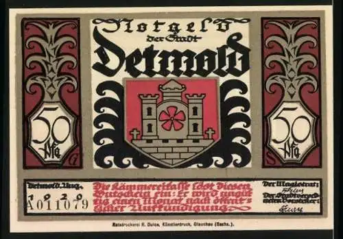 Notgeld Detmold, 1920, 50 Pfennig, Cherusker-Krieger im Kampf mit Legionen und Stadtwappen