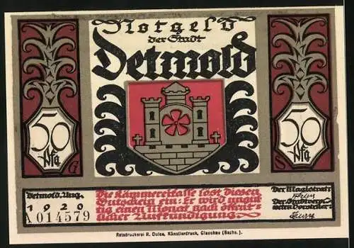 Notgeld Detmold, 1920, 50 Pfennig, Römische Reiterei auf Berg und Stadtwappen mit Burg und Blume